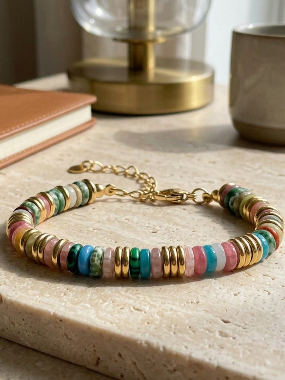 Disc Bead Bracelet Gold Plated Stones Beaded Boho Stack Gift